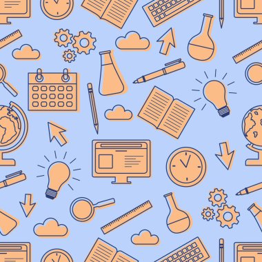 Vektör eğitimsiz tasvirler, bilgisayar, kitap, planlayıcı, ampul, küre, kalem, büyüteç, vites, cetvel. Öğrenme konsepti. Okul malzemeleri. Okul alışverişine dönüyorum.