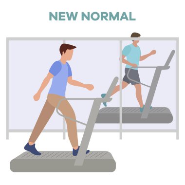 Vücut geliştirme merkezinin yeniden açılması, koronavirüs karantinasından sonra spor kulüpleri. Koşu bandında spor yapan insanlar COVID 'i sosyal mesafeden uzak tutarlar Yeni normal insanlar Ayrı durun Fiziksel mesafeler