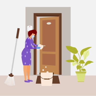 Vektör illüstrasyon temizlik servisi otel odasını koronavirüsten, mikroplardan arındırıyor. Kadın odayı temizler. Dezenfeksiyon yıkama. Ev işi. Enfeksiyon önleme konsepti. Uygulama, ağ, pankart, yazdırma için tasarım