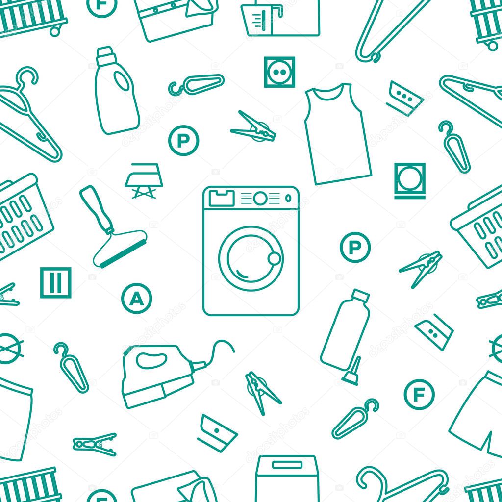 Vector seamless pattern Illustration Dry cleaning, laundry, housekeeping services. Home appliance. Garment washing, launderette. Laundromat service equipment. Restart business in normal operation