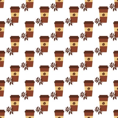 Kusursuz kahve kalıbı. Kağıt kahve fincanlarıyla arka plan tekrarı. - Günaydın. Götürün. Kafe, bistro, bar menü kartı. Paket, tekstil ve baskı için yiyecek ve içecek tasarımı