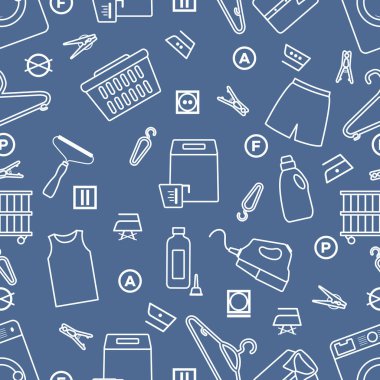 Vektör desensiz tasvir, kuru temizleme, çamaşır, temizlik hizmetleri. Ev aletleri. Elbise yıkama, çamaşır yıkama. Çamaşır servisi ekipmanları. İşleri normal işlemde yeniden başlat