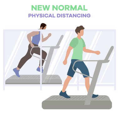 Vücut geliştirme merkezinin yeniden açılması, koronavirüs karantinasından sonra spor kulüpleri. Koşu bandında spor yapan insanlar COVID 'i sosyal mesafeden uzak tutarlar Yeni normal insanlar Ayrı durun Fiziksel mesafeler