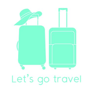 Vektör illüstrasyon valizleri, beyaz arka planda güneş şapkası. Seyahate çıkalım. Yaz tatili, tatil, tatil. Seyahat acentesi, rezervasyon servisi. Web sayfası için dizayn, yazdırma