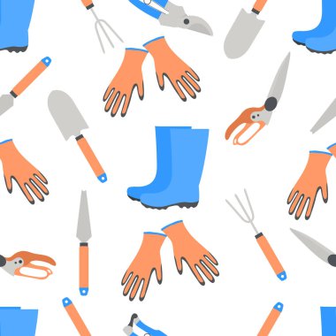 Bahçe aletleri ve lastik çizmelerle kusursuz tasvir. Bahçıvanlık. Bahçe malzemeleri. Paketleme, tekstil, poster, baskı veya web için tekrarlanan arkaplan