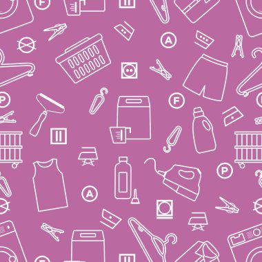 Vektör desensiz tasvir, kuru temizleme, çamaşır, temizlik hizmetleri. Ev aletleri. Elbise yıkama, çamaşır yıkama. Çamaşır servisi ekipmanları. İşleri normal işlemde yeniden başlat