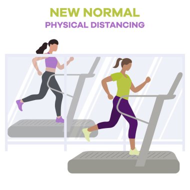 Vücut geliştirme merkezinin yeniden açılması, koronavirüs karantinasından sonra spor kulüpleri. Koşu bandında spor yapan insanlar COVID 'i sosyal mesafeden uzak tutarlar Yeni normal insanlar Ayrı durun Fiziksel mesafeler