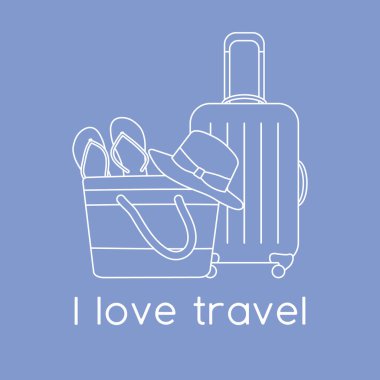 Vektör illüstrasyon çantası, güneş şapkası, plaj çantası, arka planda izole edilmiş parmak arası terlikler. Seyahat etmeyi severim. Yaz tatili, tatil, tatil. Seyahat acentesi kavramı. Web sayfası için dizayn, yazdırma