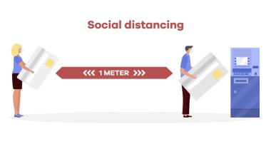 Vektör çizimi. Mesafeyi koru. Sosyal uzaklık. Koronavirüs COVID-19 Koruyucu maskeli insanlar birbirlerinden uzak durarak salgın riskini ve önleme tedbirlerini azaltıyor.