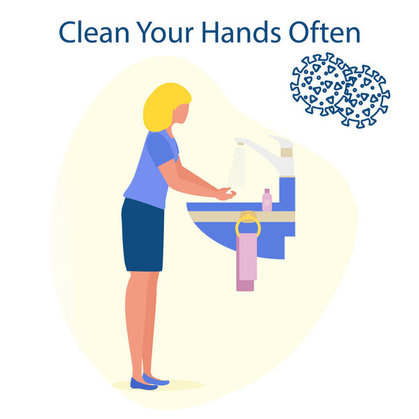 Векторная иллюстрация Человек моет руки Coronavirus COVID-19 Ручная стирка Остановка распространения коронного вируса Pandemic Respiratory 2019-nCoV защиты, профилактики инфекции. Здоровье, медицина