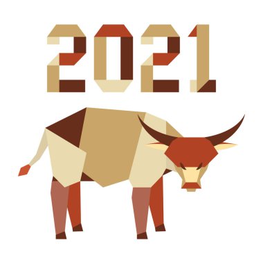 Origami 2021 yılı rakamları ve saçmalıklarıyla yeni yıl vektör illüstrasyonun kutlu olsun. Çin takviminde 2021 'in sembolü olan yıllık boğa burcu. Öküz yılı. Çin burcu. Yazdırma için tasarım