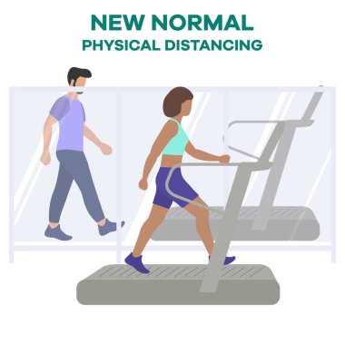 Vücut geliştirme merkezinin yeniden açılması, koronavirüs karantinasından sonra spor kulüpleri. Koşu bandında spor yapan insanlar COVID 'i sosyal mesafeden uzak tutarlar Yeni normal insanlar Ayrı durun Fiziksel mesafeler