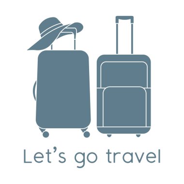 Vektör illüstrasyon valizleri, beyaz arka planda güneş şapkası. Seyahate çıkalım. Yaz tatili, tatil, tatil. Seyahat acentesi, rezervasyon servisi. Web sayfası için dizayn, yazdırma