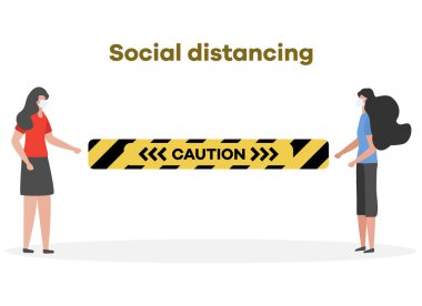 Vektör çizimi. Mesafeyi koru. Sosyal uzaklık. Çin koronavirüsü COVID-19 Koruyucu maskeli insanlar birbirlerinden uzak durarak salgın riskini ve önleme tedbirlerini azaltıyor.