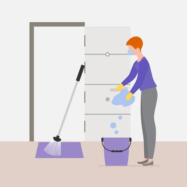 Ilustración Vectorial Servicio Limpieza Desinfecta Habitación Hotel Coronavirus Gérmenes Mujer — Vector de stock