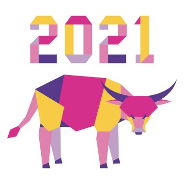 Origami 2021 yılı rakamları ve saçmalıklarıyla yeni yıl vektör illüstrasyonun kutlu olsun. Çin takviminde 2021 'in sembolü olan yıllık boğa burcu. Öküz yılı. Çin burcu. Yazdırma için tasarım