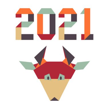 Origami 2021 yılı rakamları ve saçmalıklarıyla yeni yıl vektör illüstrasyonun kutlu olsun. Çin takviminde 2021 'in sembolü olan yıllık boğa burcu. Öküz yılı. Çin burcu. Yazdırma için tasarım