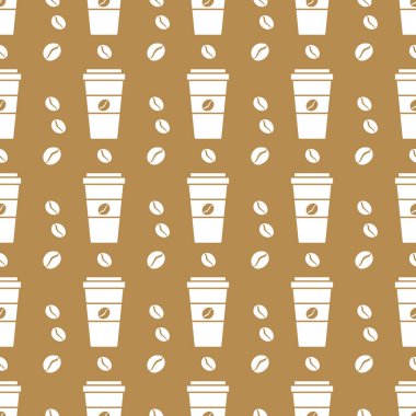 Kusursuz kahve kalıbı. Kağıt kahve fincanlarıyla arka plan tekrarı. - Günaydın. Götürün. Kafe, bistro, bar menü kartı. Paket, tekstil ve baskı için yiyecek ve içecek tasarımı