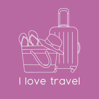 Vektör illüstrasyon çantası, güneş şapkası, plaj çantası, arka planda izole edilmiş parmak arası terlikler. Seyahat etmeyi severim. Yaz tatili, tatil, tatil. Seyahat acentesi kavramı. Web sayfası için dizayn, yazdırma