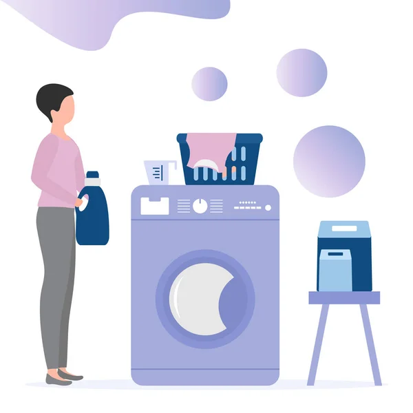 Vector Illustratie Vrouw Draagt Vuile Kleren Wasmachine Wasmand Wasmiddelen Kleding — Stockvector