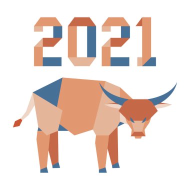 Origami 2021 yılı rakamları ve saçmalıklarıyla yeni yıl vektör illüstrasyonun kutlu olsun. Çin takviminde 2021 'in sembolü olan yıllık boğa burcu. Öküz yılı. Çin burcu. Yazdırma için tasarım