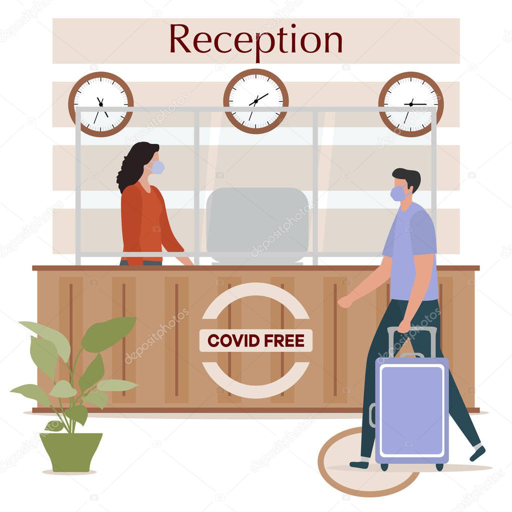 Vector illustration Reopening of Hotel hostel guesthouse lobby after COVID-19 quarantine. Person with suitcase stands at hotel reception, receptionist makes check in hotel room. COVID free New normal