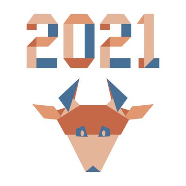 Origami 2021 yılı rakamları ve saçmalıklarıyla yeni yıl vektör illüstrasyonun kutlu olsun. Çin takviminde 2021 'in sembolü olan yıllık boğa burcu. Öküz yılı. Çin burcu. Yazdırma için tasarım