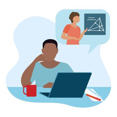 Vektör illüstrasyon Uzaklık Eğitimi. Mesafe öğrenme. Online eğitim. Evde ders çalışıyorum. Uzaktan çalışan çocuklar. E-öğrenme konsepti. Yeni normal. Web sayfası için okul arkaplan tasarımı, yazdırma
