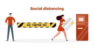 Vektör çizimi. Mesafeyi koru. Sosyal uzaklık. Çin koronavirüsü COVID-19 Koruyucu maskeli insanlar birbirlerinden uzak durarak salgın riskini ve önleme tedbirlerini azaltıyor.