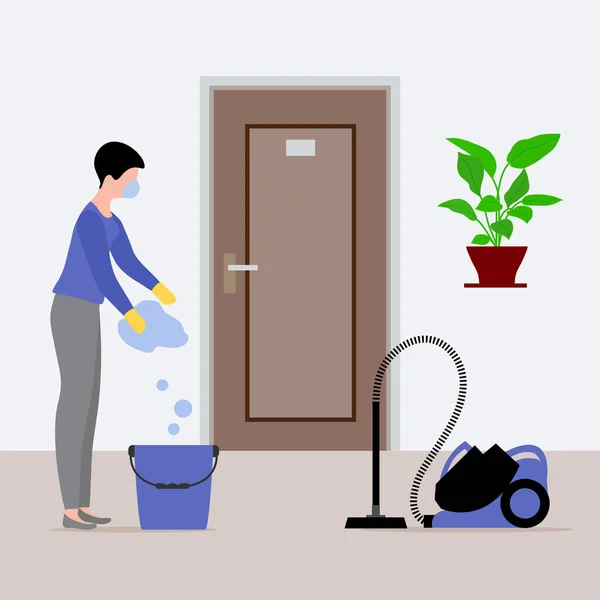 Vektör Illüstrasyon Temizlik Servisi Otel Odasını Koronavirüsten Mikroplardan Arındırıyor Kadın — Stok Vektör