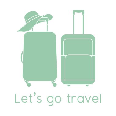 Vektör illüstrasyon valizleri, beyaz arka planda güneş şapkası. Seyahate çıkalım. Yaz tatili, tatil, tatil. Seyahat acentesi, rezervasyon servisi. Web sayfası için dizayn, yazdırma