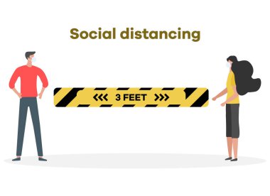 Vektör çizimi. Mesafeyi koru. Sosyal uzaklık. Çin koronavirüsü COVID-19 Koruyucu maskeli insanlar birbirlerinden uzak durarak salgın riskini ve önleme tedbirlerini azaltıyor.