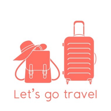 Vektör illüstrasyon çantası, güneş şapkası, beyaz arka planda izole edilmiş sırt çantası. Seyahate çıkalım. Yaz tatili, tatil, tatil. Seyahat acentesi kavramı. Web sayfası için dizayn, yazdırma