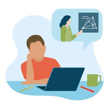 Vektör illüstrasyon Uzaklık Eğitimi. Mesafe öğrenme. Online eğitim. Evde ders çalışıyorum. Uzaktan çalışan çocuklar. E-öğrenme konsepti. Yeni normal. Web sayfası için okul arkaplan tasarımı, yazdırma