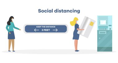 Vektör çizimi. Mesafeyi koru. Sosyal uzaklık. Çin koronavirüsü COVID-19 Koruyucu maskeli insanlar birbirlerinden uzak durarak salgın riskini ve önleme tedbirlerini azaltıyor.