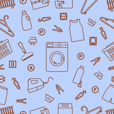 Vektör desensiz tasvir, kuru temizleme, çamaşır, temizlik hizmetleri. Ev aletleri. Elbise yıkama, çamaşır yıkama. Çamaşır servisi ekipmanları. İşleri normal işlemde yeniden başlat