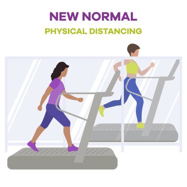 Vücut geliştirme merkezinin yeniden açılması, koronavirüs karantinasından sonra spor kulüpleri. Koşu bandında spor yapan insanlar COVID 'i sosyal mesafeden uzak tutarlar Yeni normal insanlar Ayrı durun Fiziksel mesafeler