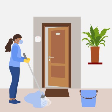 Vektör illüstrasyon temizlik servisi otel odasını koronavirüsten, mikroplardan arındırıyor. Kadın odayı temizler. Dezenfeksiyon yıkama. Ev işi. Enfeksiyon önleme konsepti. Uygulama, ağ, pankart, yazdırma için tasarım