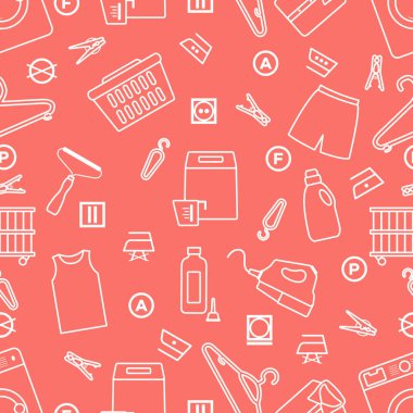 Vektör desensiz tasvir, kuru temizleme, çamaşır, temizlik hizmetleri. Ev aletleri. Elbise yıkama, çamaşır yıkama. Çamaşır servisi ekipmanları. İşleri normal işlemde yeniden başlat