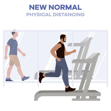 Vücut geliştirme merkezinin yeniden açılması, koronavirüs karantinasından sonra spor kulüpleri. Koşu bandında spor yapan insanlar COVID 'i sosyal mesafeden uzak tutarlar Yeni normal insanlar Ayrı durun Fiziksel mesafeler