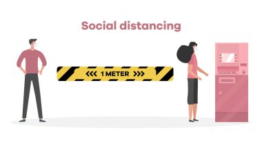 Vektör çizimi. Mesafeyi koru. Sosyal uzaklık. Çin koronavirüsü COVID-19 Koruyucu maskeli insanlar birbirlerinden uzak durarak salgın riskini ve önleme tedbirlerini azaltıyor.