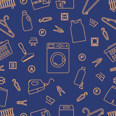 Vektör desensiz tasvir, kuru temizleme, çamaşır, temizlik hizmetleri. Ev aletleri. Elbise yıkama, çamaşır yıkama. Çamaşır servisi ekipmanları. İşleri normal işlemde yeniden başlat