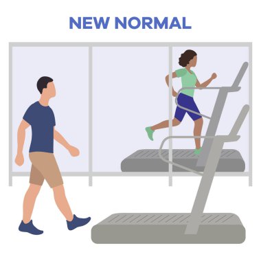 Vücut geliştirme merkezinin yeniden açılması, koronavirüs karantinasından sonra spor kulüpleri. Koşu bandında spor yapan insanlar COVID 'i sosyal mesafeden uzak tutarlar Yeni normal insanlar Ayrı durun Fiziksel mesafeler