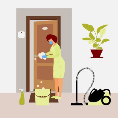 Vektör illüstrasyon temizlik servisi otel odasını koronavirüsten, mikroplardan arındırıyor. Kadın odayı temizler. Dezenfeksiyon yıkama. Ev işi. Enfeksiyon önleme konsepti. Uygulama, ağ, pankart, yazdırma için tasarım
