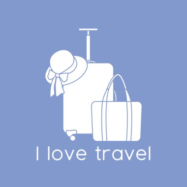 Vektör illüstrasyon çantası, güneş şapkası, arka planda izole edilmiş plaj çantası. Seyahat etmeyi severim. Yaz tatili, tatil, tatil. Seyahat acentesi kavramı. Web sayfası için dizayn, yazdırma