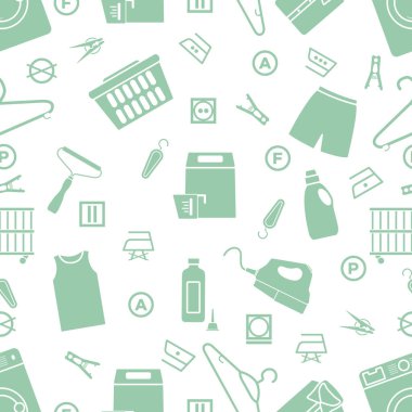 Vektör desensiz tasvir, kuru temizleme, çamaşır, temizlik hizmetleri. Ev aletleri. Elbise yıkama, çamaşır yıkama. Çamaşır servisi ekipmanları. İşleri normal işlemde yeniden başlat