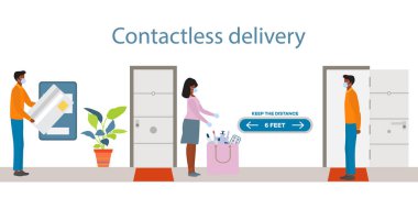 Vektör illüstrasyonu Temassız Teslimat İnsanları. Coronavirus COVID-19 Karantina. Kurye ve müşteri Çin virüsü 2019-nCoV koruma ve enfeksiyon önleme siparişi verirken güvenli mesafeyi koruyorlar.