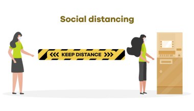 Vektör çizimi. Mesafeyi koru. Sosyal uzaklık. Çin koronavirüsü COVID-19 Koruyucu maskeli insanlar birbirlerinden uzak durarak salgın riskini ve önleme tedbirlerini azaltıyor.
