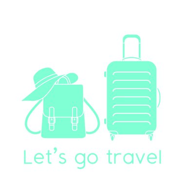 Vektör illüstrasyon çantası, güneş şapkası, beyaz arka planda izole edilmiş sırt çantası. Seyahate çıkalım. Yaz tatili, tatil, tatil. Seyahat acentesi kavramı. Web sayfası için dizayn, yazdırma