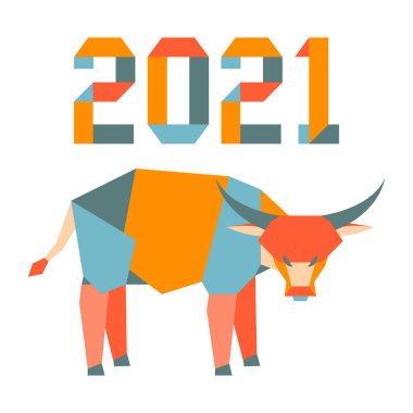 Origami 2021 yılı rakamları ve saçmalıklarıyla yeni yıl vektör illüstrasyonun kutlu olsun. Çin takviminde 2021 'in sembolü olan yıllık boğa burcu. Öküz yılı. Çin burcu. Yazdırma için tasarım